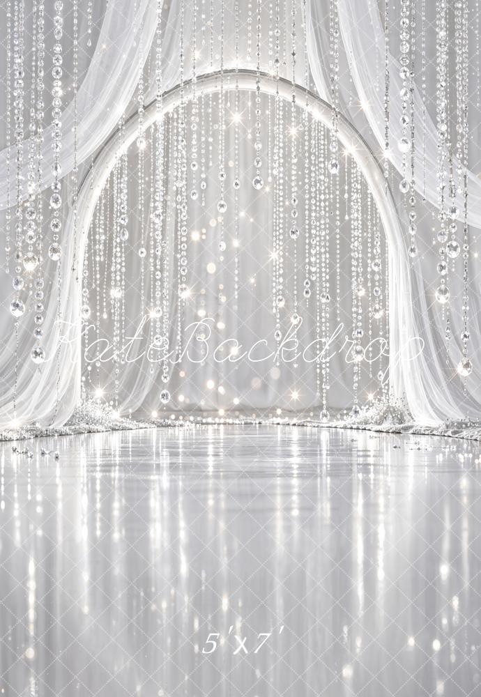 Kate Glamorous Crystal Bead Arch Silver Sheer Drapes Printed Backdrop Designed by Chain Photography