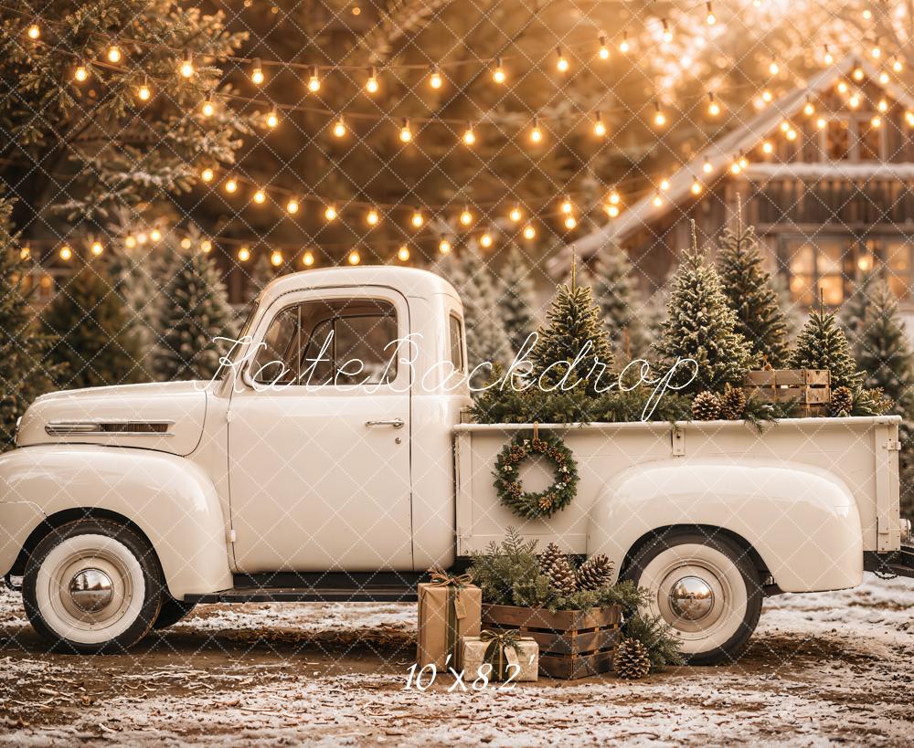 Kate Christmas Vintage Truck Pine Trees String Lights Printed Backdrop Designed by Emetselch