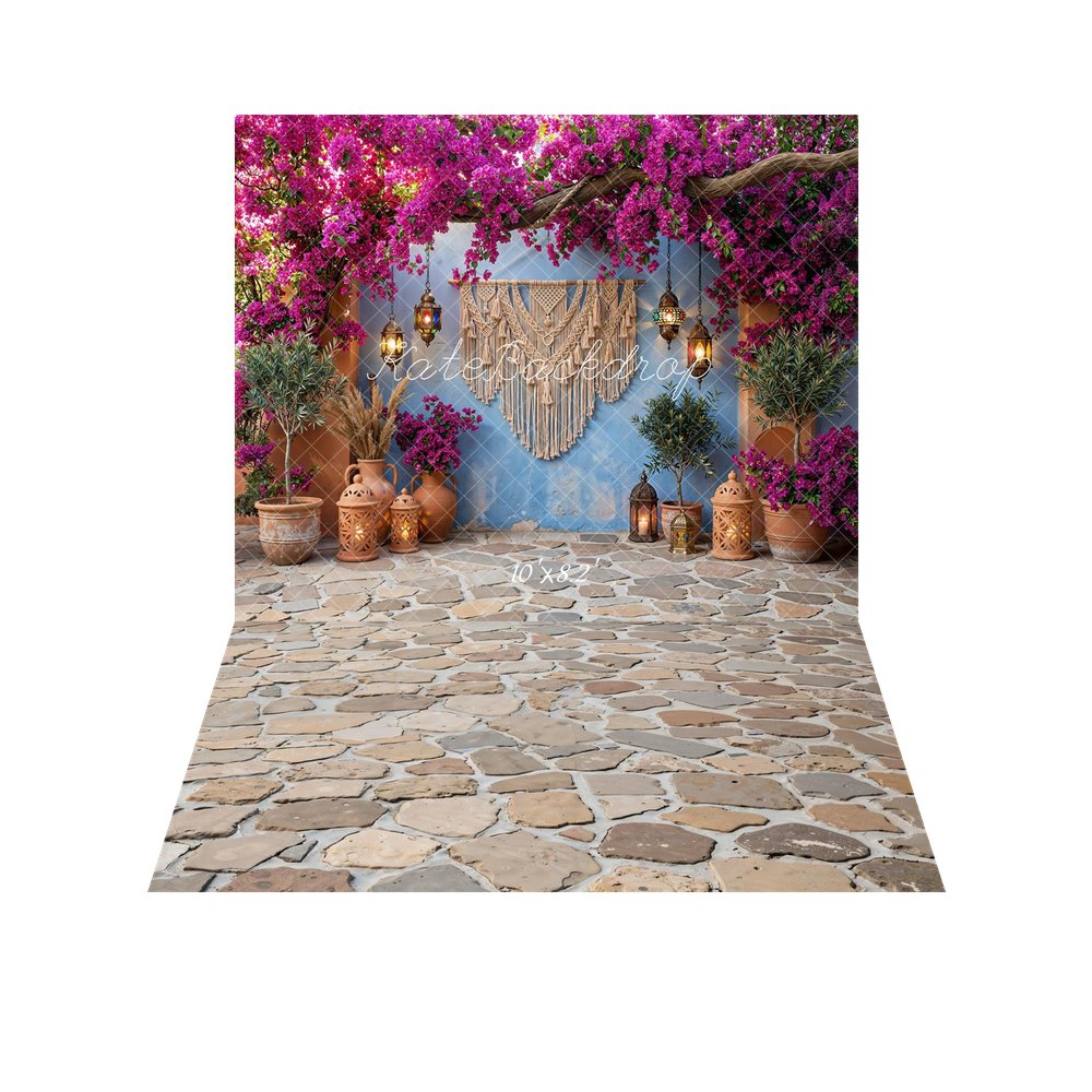 Kate Boho Macrame Pink Flower Arch Lanterns Terracotta Pots Blue Wall Backdrop+Cobblestone Floor Backdrop