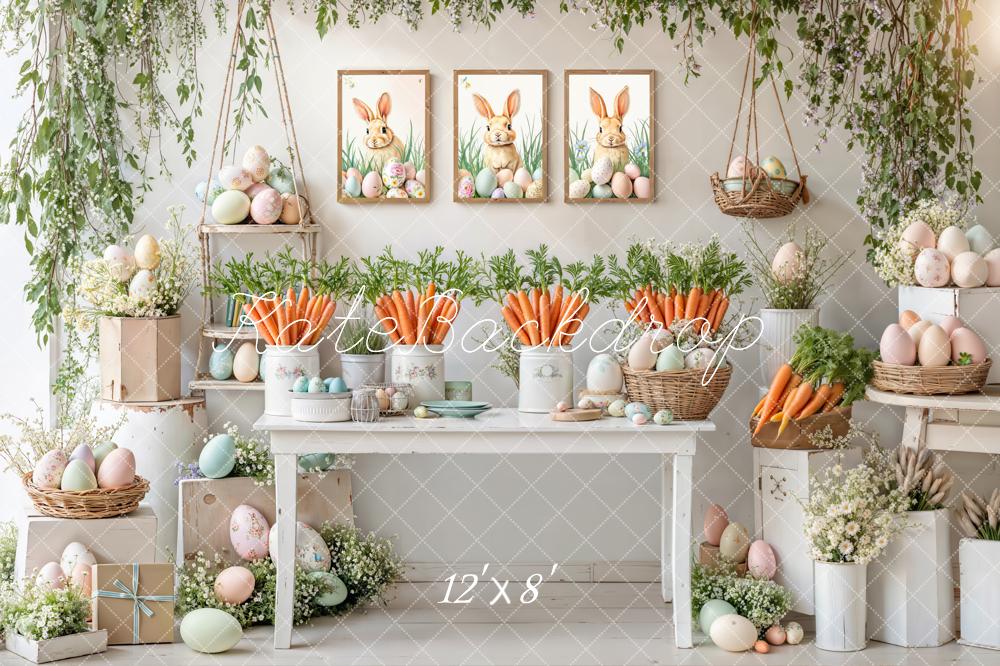 Kate Easter Bunny Carrots Pastel Eggs Floral Greenery Backdrop Designed by Emetselch