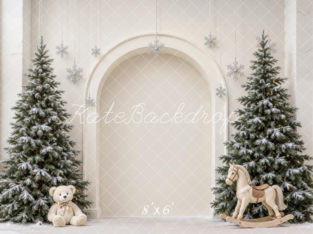 Kate Christmas Minimalist Arch Snowy Trees Teddy Bear Rocking Horse Printed Backdrop Designed by Emetselch