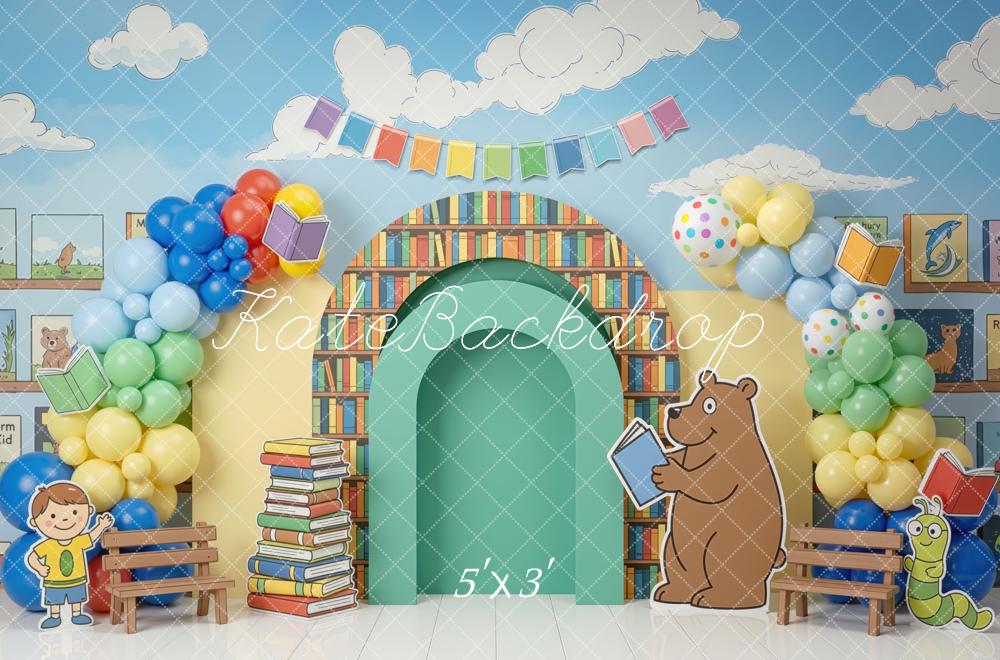 Kate Back to School Book Arch Balloons Cartoon Bear Printed Backdrop Designed by Mini MakeBelieve