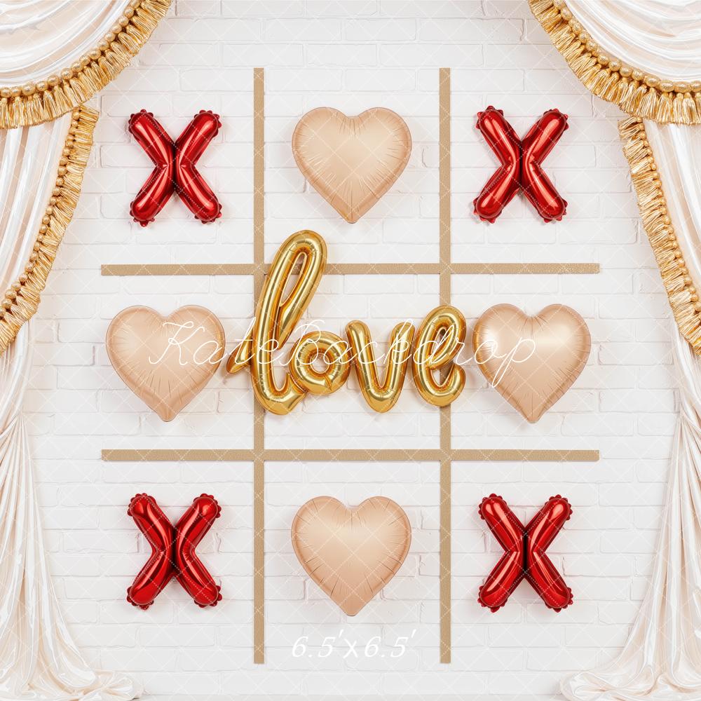 Kate Valentine's Day Tic Tac Toe Heart Balloons Drapery Printed Backdrop Designed by Mini MakeBelieve