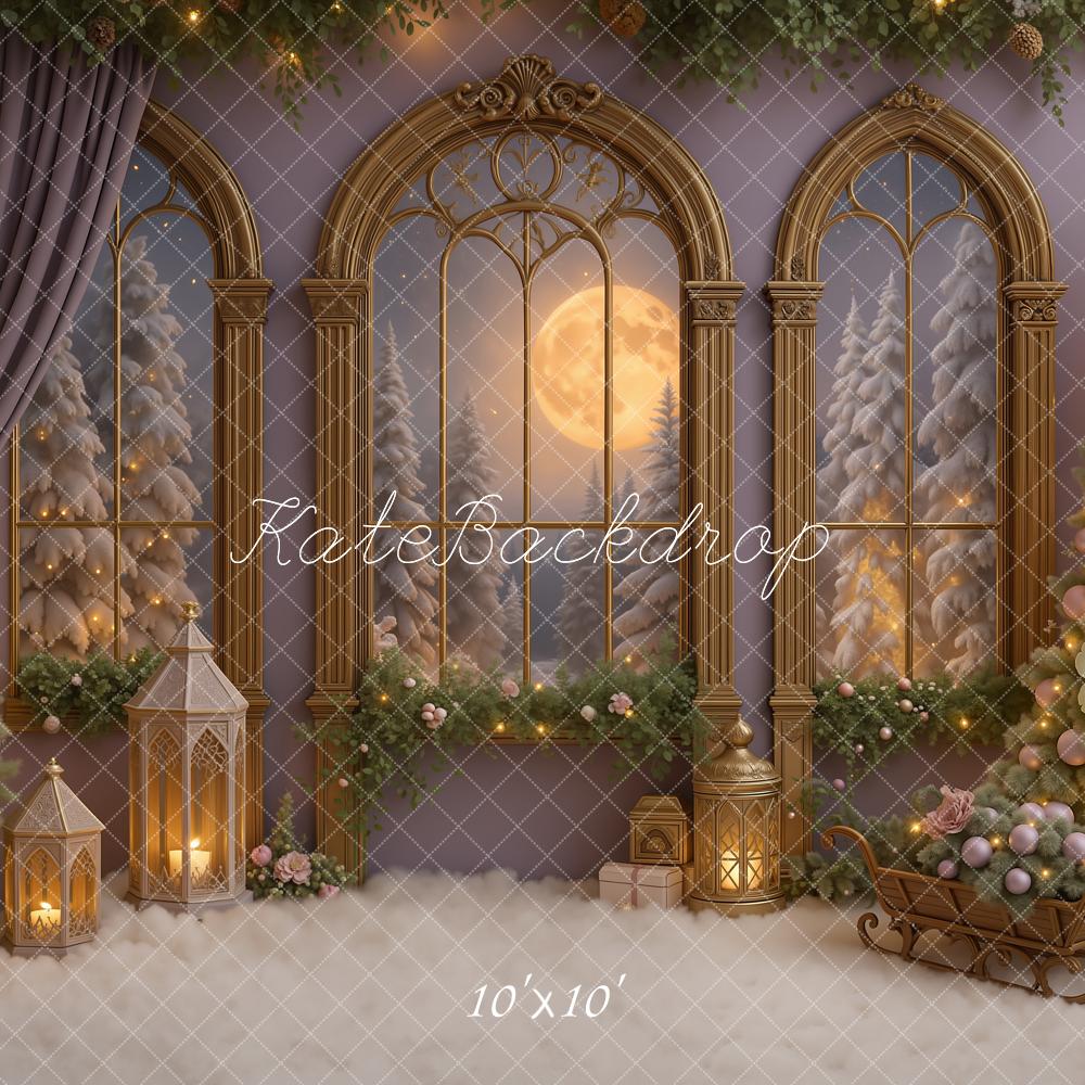 Kate Christmas Gold Arched Window Flower Tree Lantern Sleigh Backdrop Designed by Ashley Paul