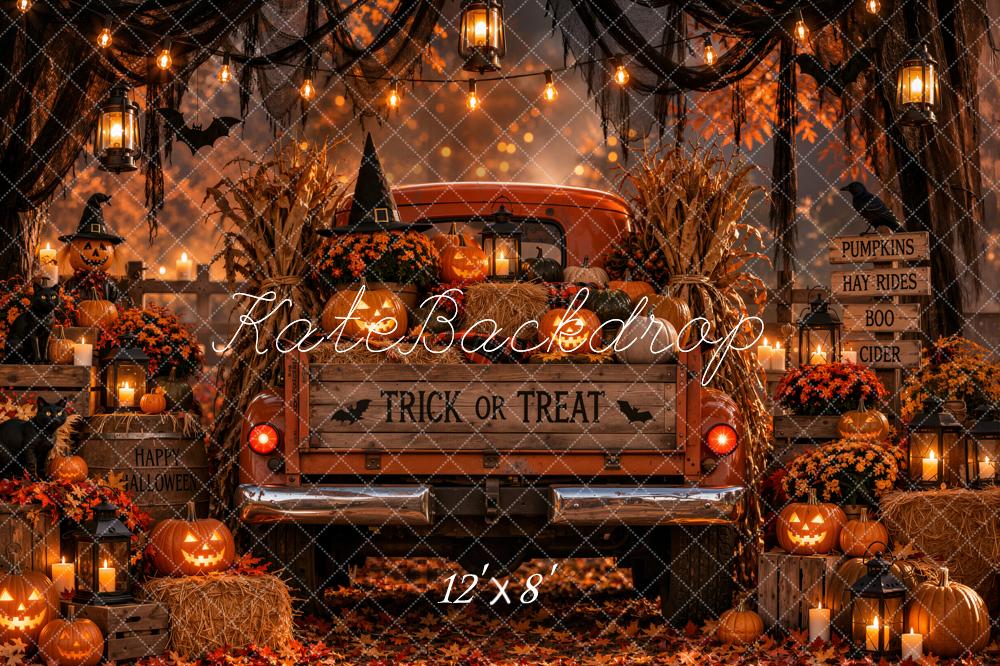 Kate Halloween Orange Vintage Truck Pumpkins Hay Bales Lanterns Printed Backdrop Designed by Emetselch