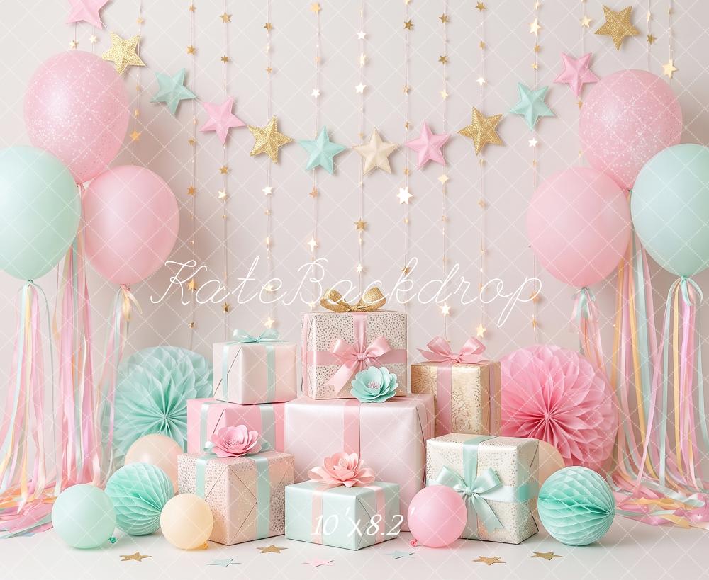 Kate Cake Smash Pastel Balloons Gift Stars Paper Fans Printed Backdrop Designed by Angela Miller