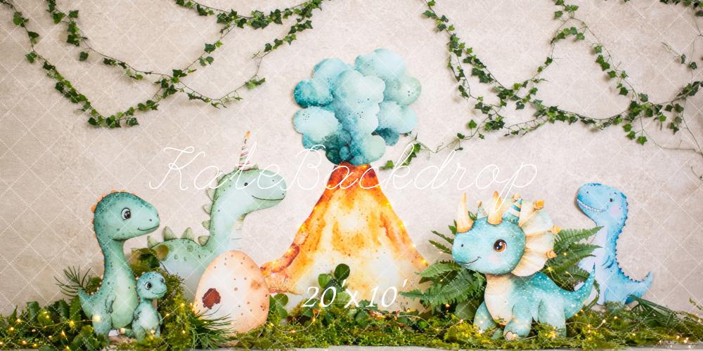 Kate Cake Smash Dinosaur Volcano Jungle Vines Printed Backdrop Designed by Megan Leigh Photography