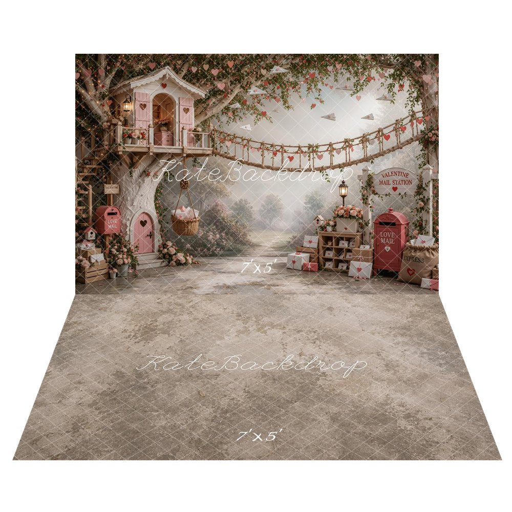Kate Valentine's Day Love Mail Treehouse Bridge Printed Backdrop+Gray Beige Texture Floor Printed Backdrop