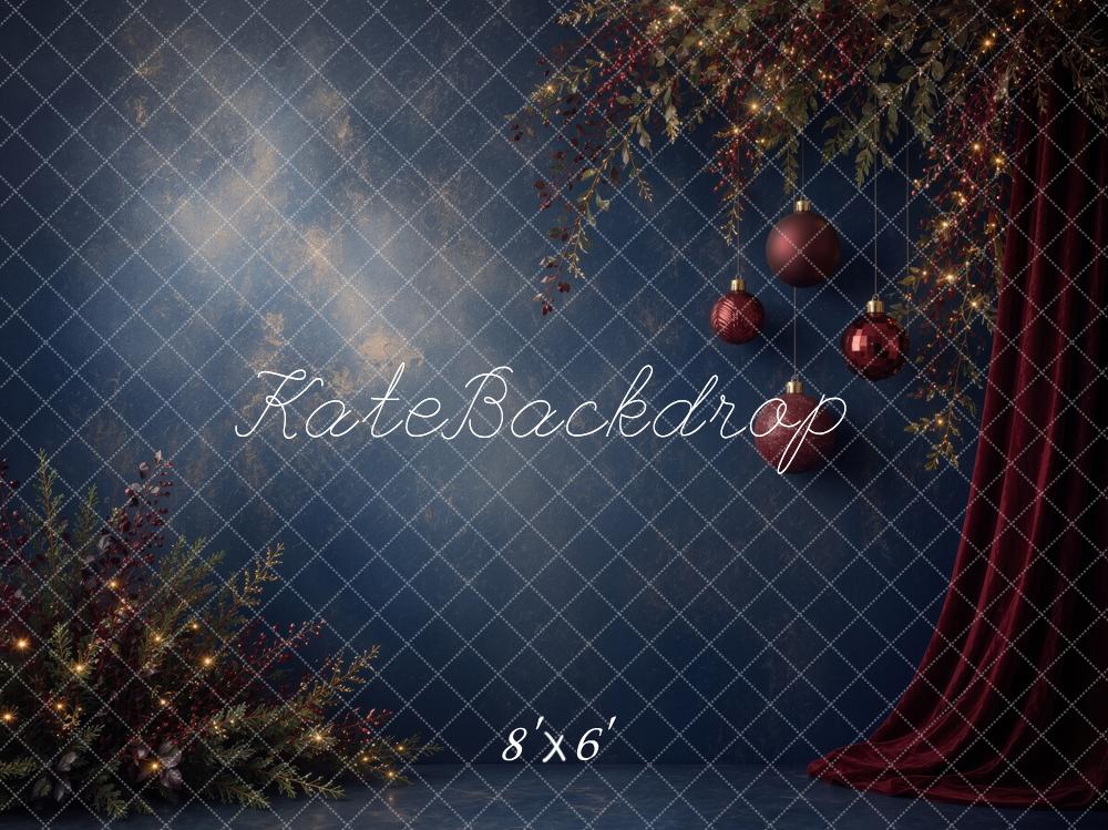 Kate Christmas Navy Abstract Ornaments Red Curtain Printed Backdrop Designed by Ashley Ward
