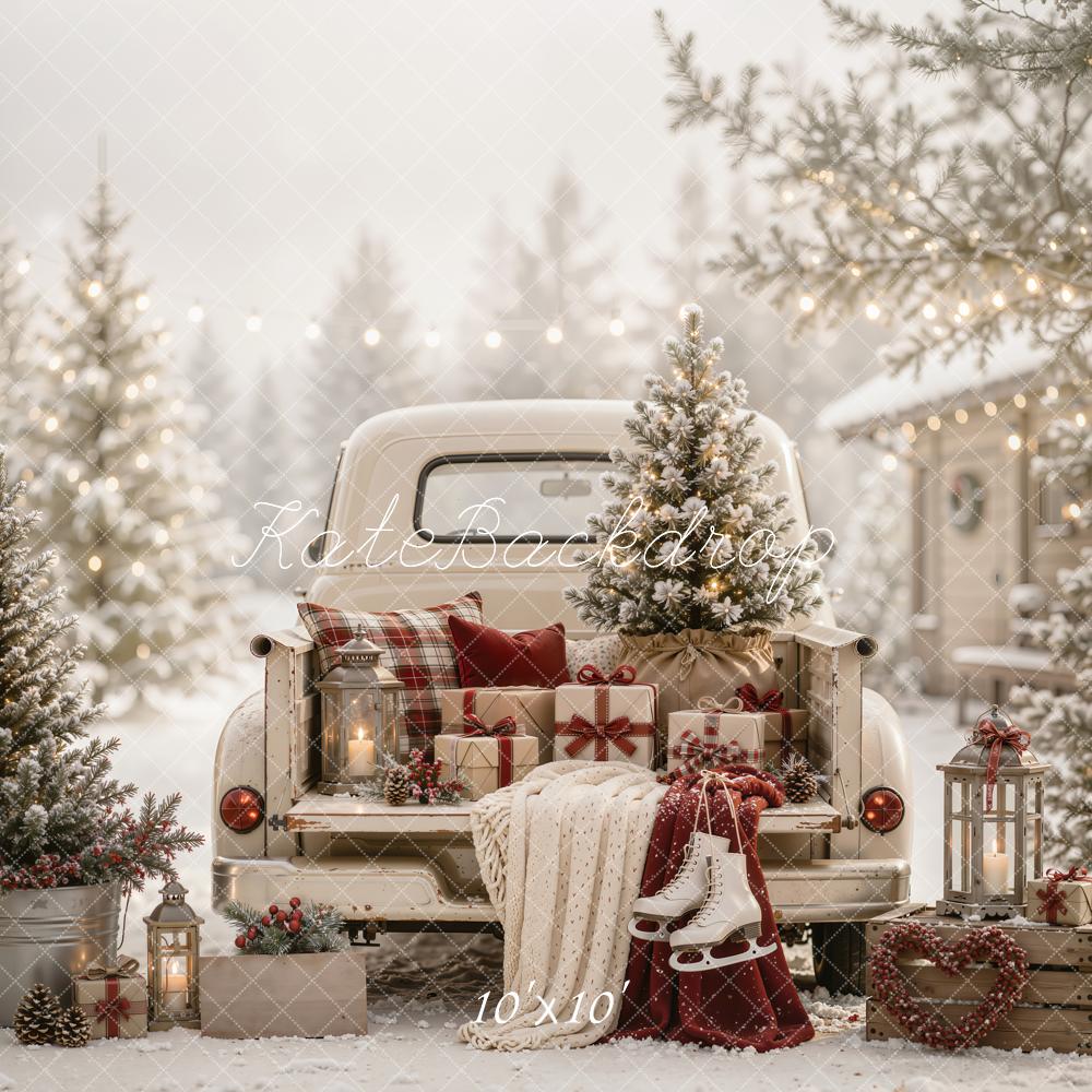 Kate Christmas Vintage White Truck Tree Gifts Ice Skates Snow Printed Backdrop Designed by Emetselch