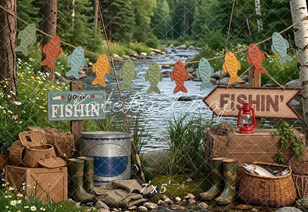 Kate Fishing Camp River Garland and Baskets Printed Backdrop Designed by Emetselch