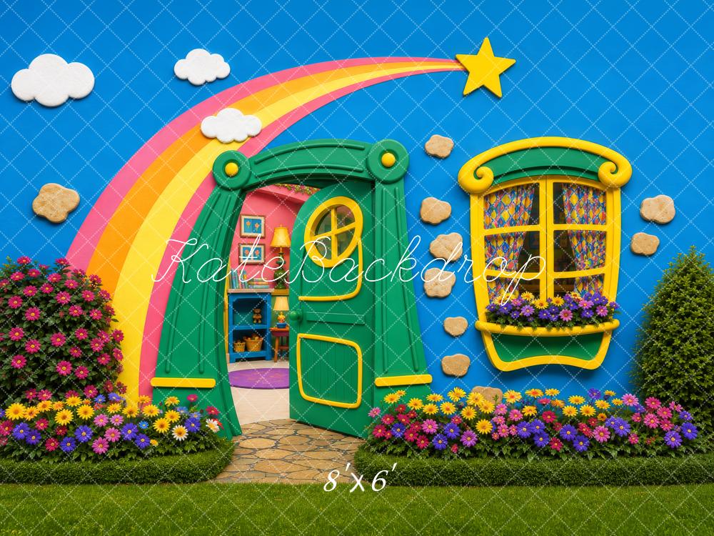Kate Cake Smash Whimsical Rainbow Star Playhouse Garden Door Window Flowers Printed Backdrop Designed by Shutter Swan Studios