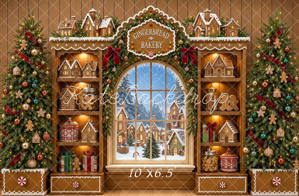 Kate Christmas Trees Gingerbread Bakery Snowy Window Printed Backdrop Designed by Shutter Swan Studios