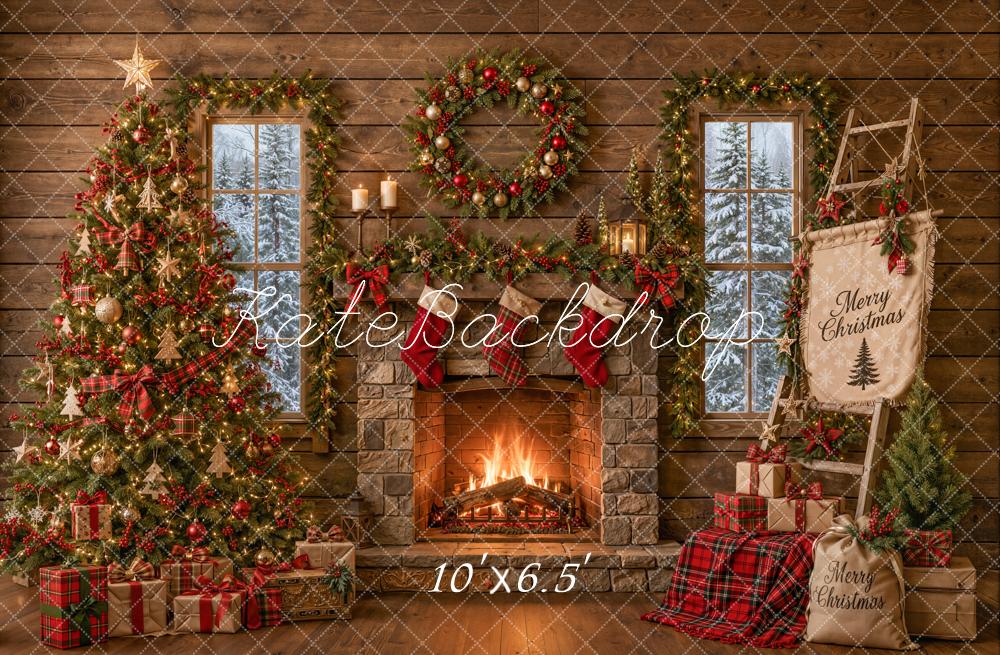 Kate Christmas Rustic Cabin Fireplace Tree Ladder Printed Backdrop Designed by Emetselch