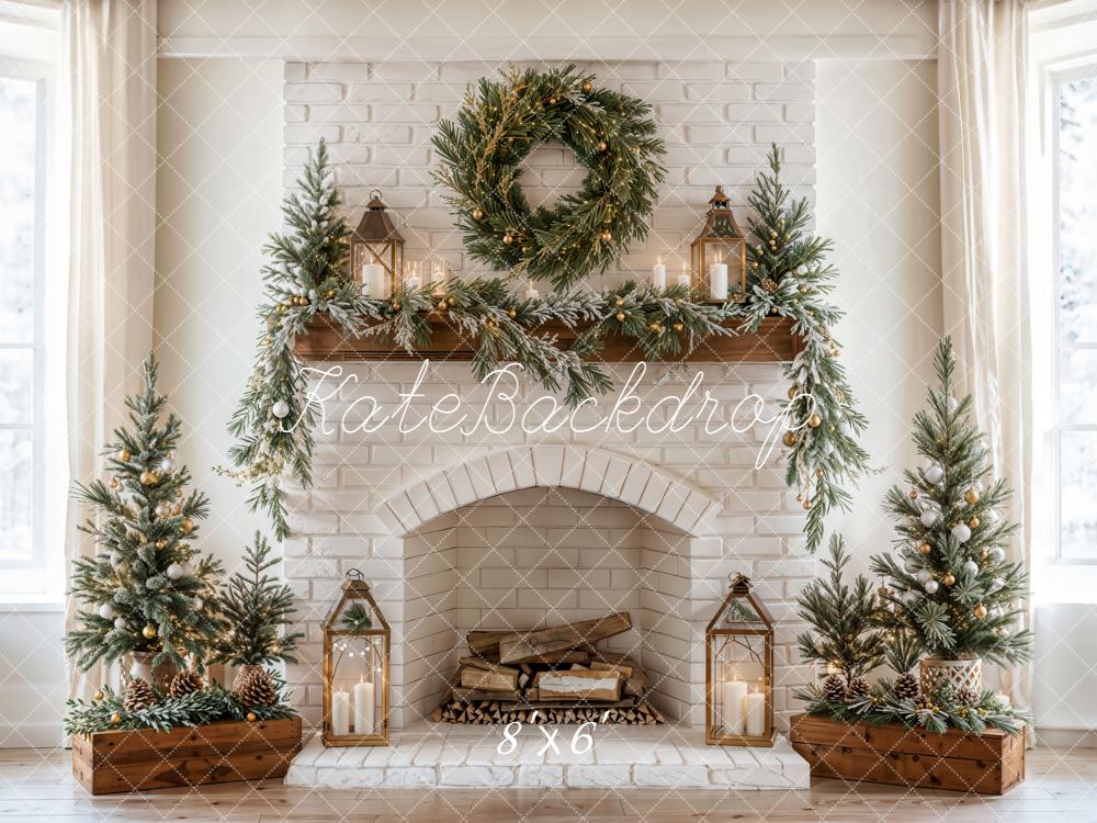 Kate Christmas Fireplace Wreath White Brick Wall Backdrop Designed by Emetselch