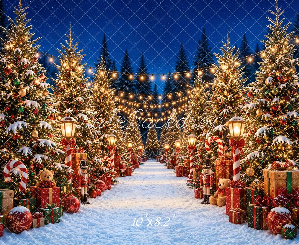 Kate Christmas Night Snowy Tree Path with Gifts and Lanterns Printed Backdrop Designed by Emetselch