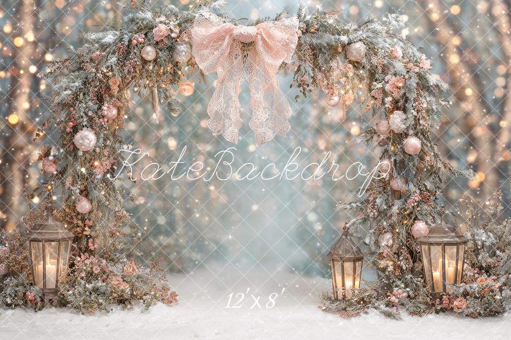 Kate Christmas Arch Pink Bow Lanterns Snowy Forest Backdrop Designed by Ashley Paul