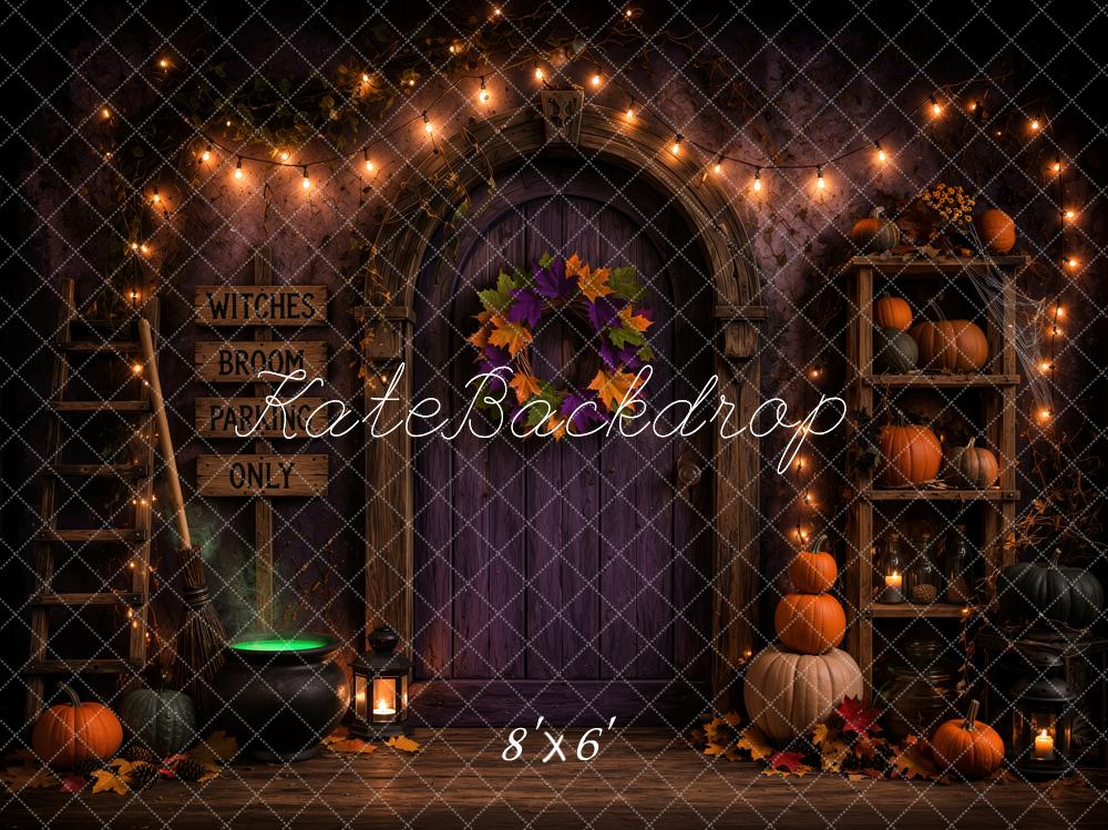 Kate Halloween Witch Doorway Pumpkins Shelf Printed Backdrop Designed by Ashley Ward