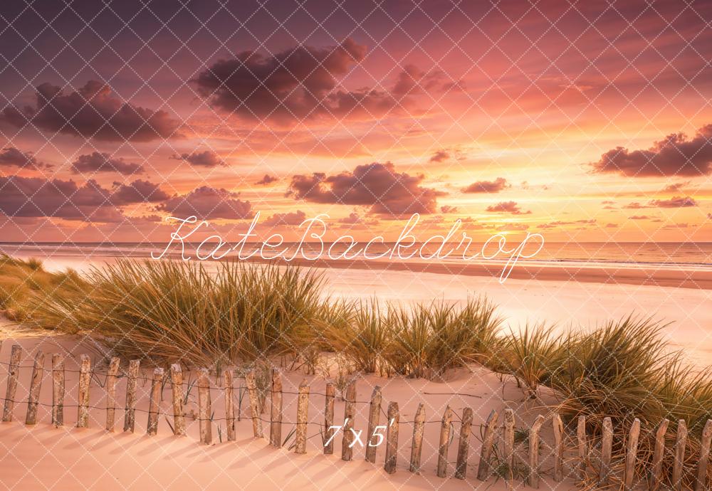 Kate Summer Beach Sunset Sand Dunes Grass Fence Printed Backdrop Designed by Emetselch