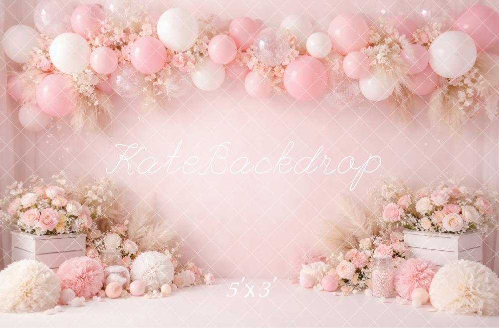 Kate Cake Smash Pink Balloon Flower Arch Pampas Grass Printed Backdrop Designed by Vertigo Productions