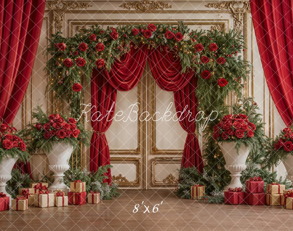 Kate Christmas Red Flower Arch Presents Gold Wall Backdrop Designed by Emetselch