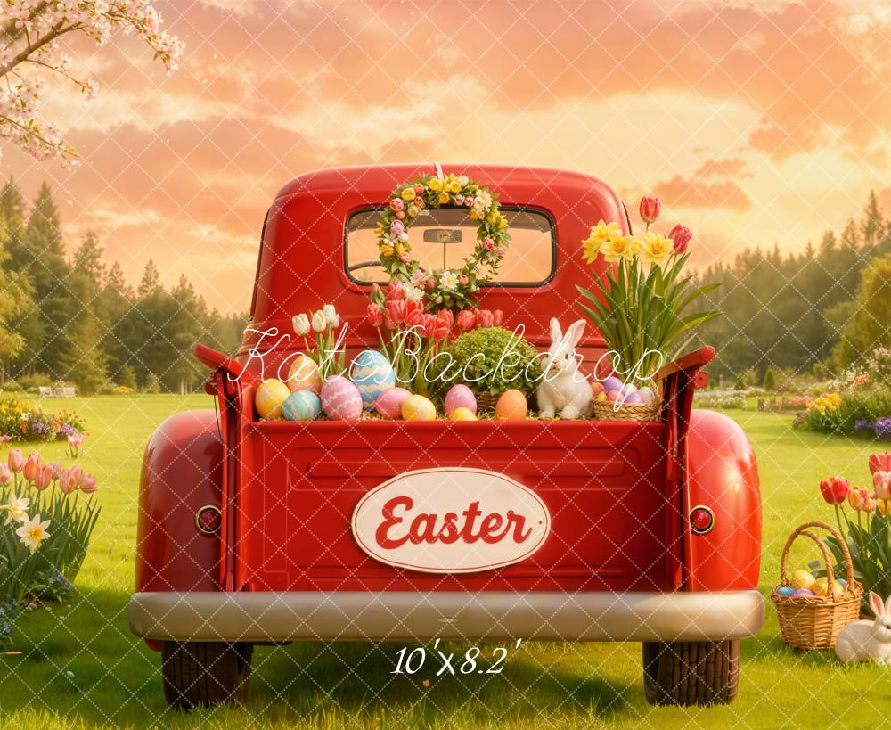 Kate Easter Red Truck Eggs Bunny Flowers Garden Backdrop Designed by Emetselch