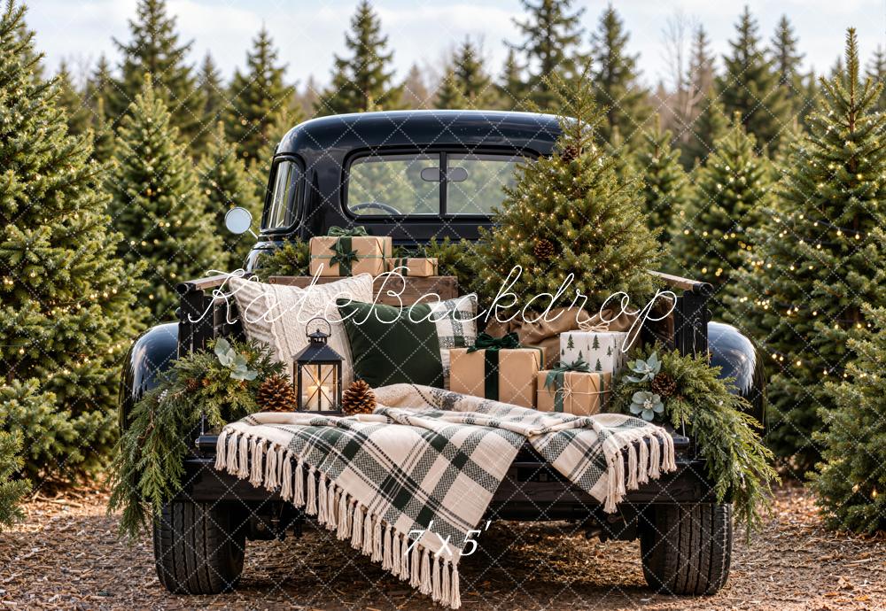 Kate Christmas Forest Vintage Black Truck Gifts Plaid Blanket Printed Backdrop Designed by Emetselch