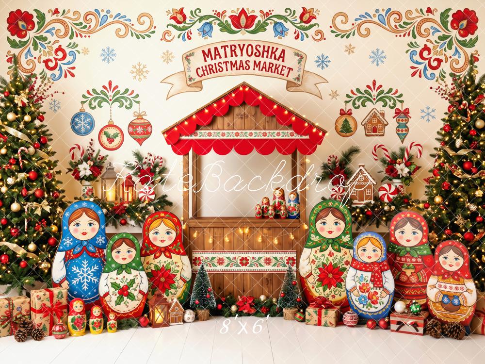 Kate Christmas Matryoshka Market Christmas Trees Ornaments Printed Backdrop Designed by Patty Roberts