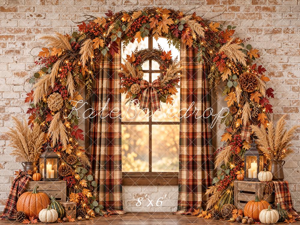 Kate Fall Pumpkin Garland Plaid Window Arch Printed Backdrop Designed by Emetselch