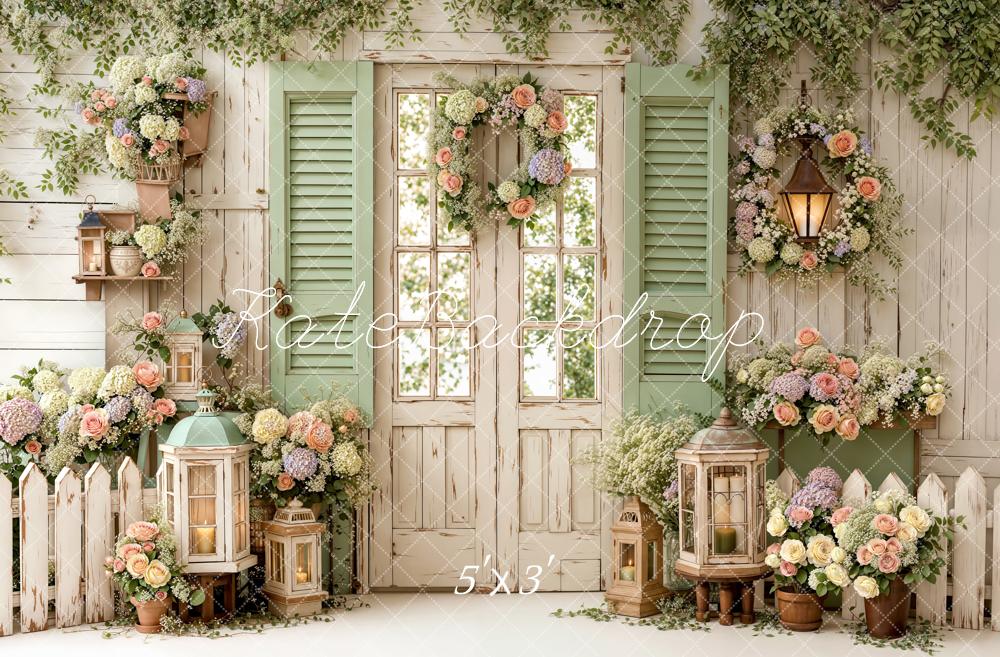 Kate Spring Floral Garden Door Lanterns Wreath Green Shutters Backdrop Designed by Emetselch