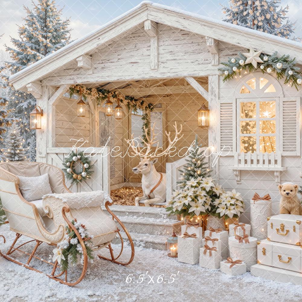 Kate Christmas Cabin Reindeer Sleigh Gifts Snowy Printed Backdrop Designed by Mini MakeBelieve