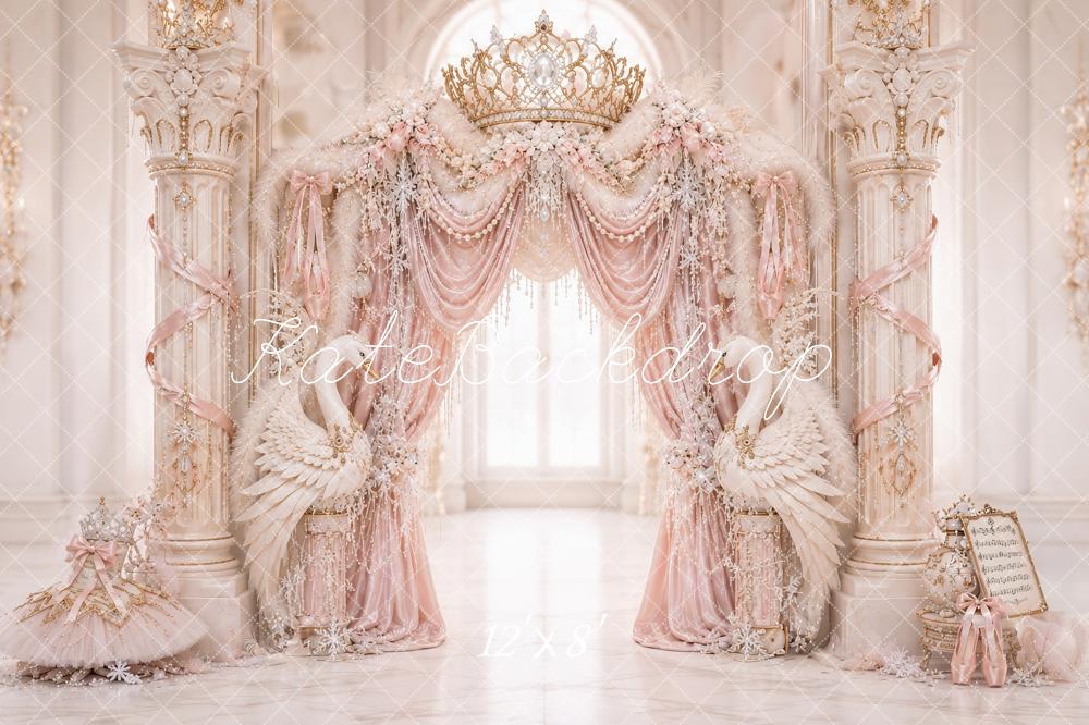 Kate Birthday Fantasy Luxury Pink Palace Swans Crown Drapes Printed Backdrop Designed by Ashley Paul