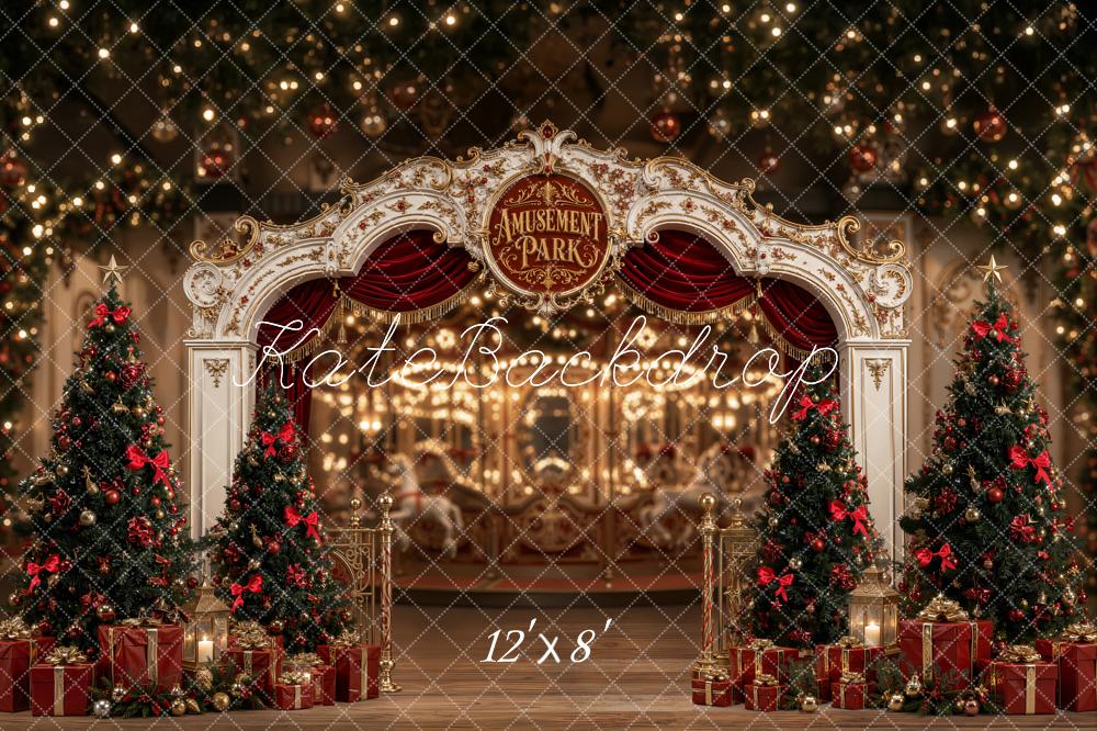 Kate Christmas Amusement Park Arch Christmas Trees Printed Backdrop Designed by Emetselch