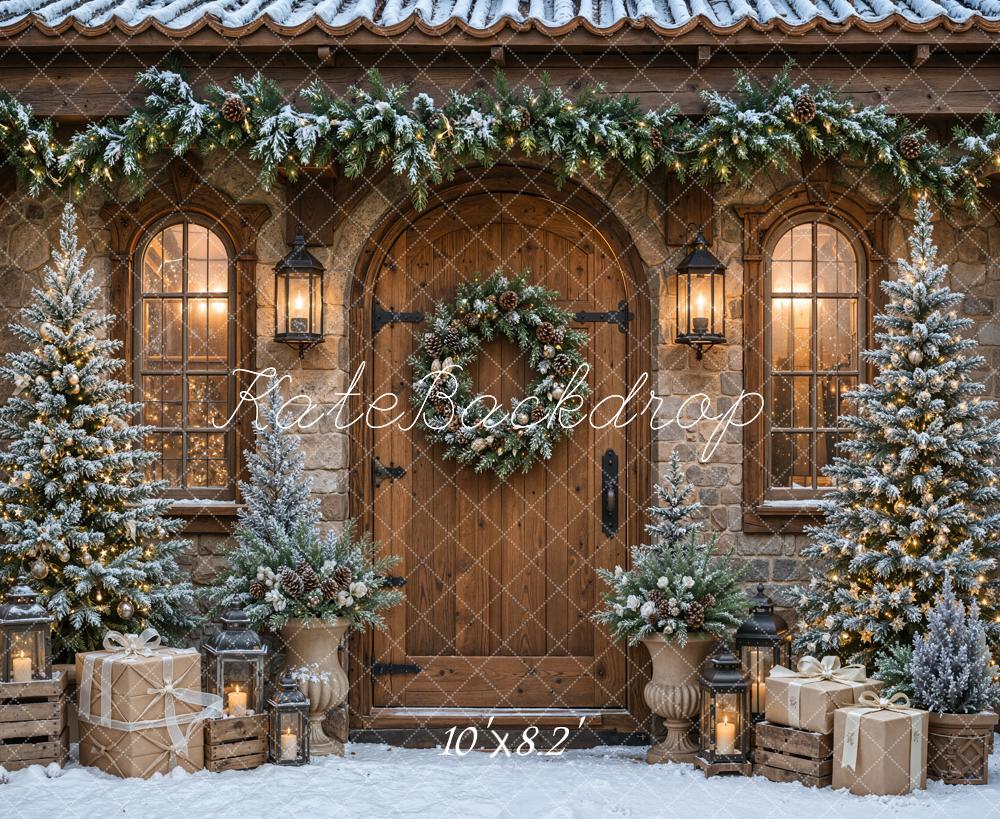 Kate Christmas Trees Rustic Cabin Wood Door Garland Snowy Printed Backdrop Designed by Emetselch