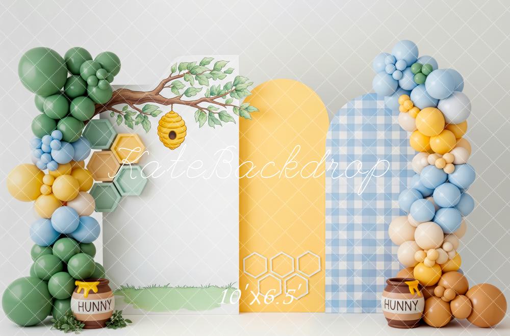 Kate Cake Smash Honey Bee Tree Honeycomb Balloons Printed Backdrop Designed by Patty Roberts