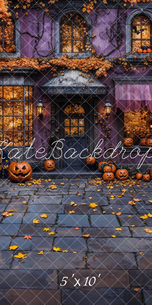 Kate Halloween Cottage Pumpkin Fallen Leaves Backdrop Designed by Emetselch
