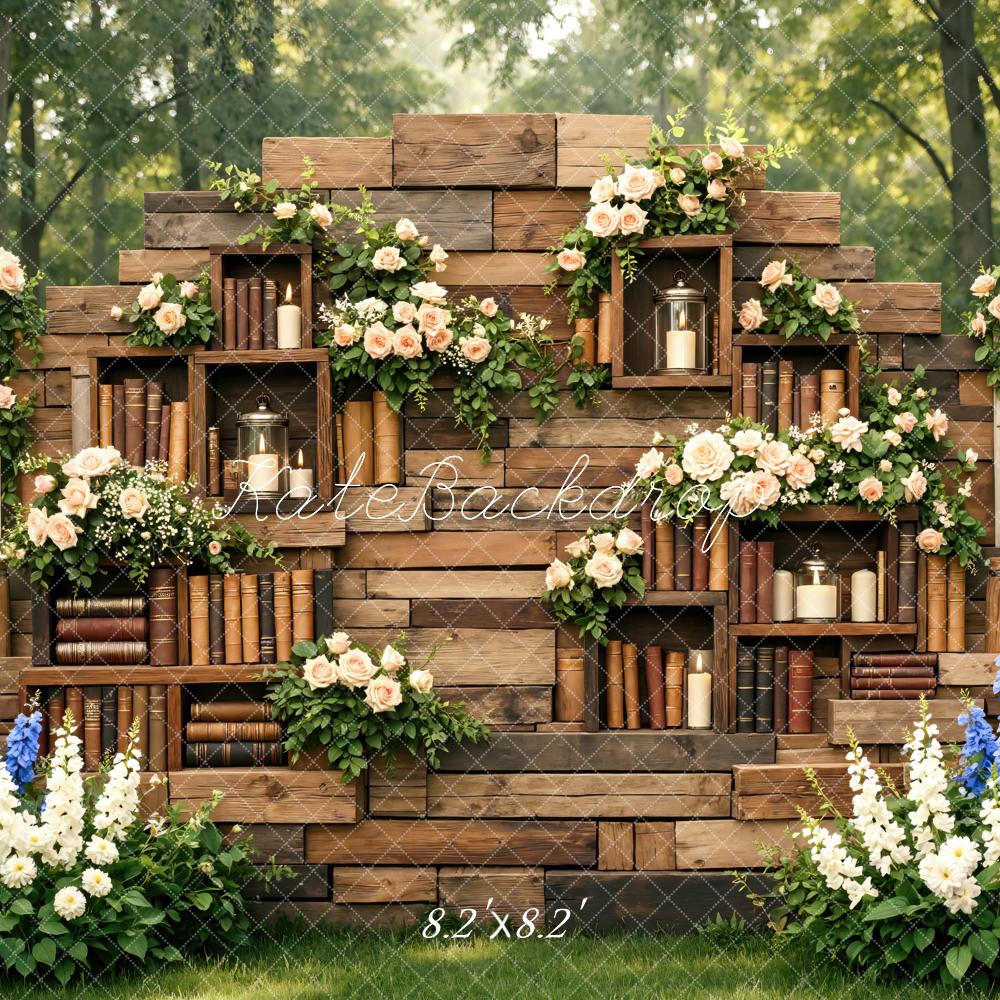 Kate Rustic Bookshelf Flower Arch Garden Printed Backdrop Designed by Mini MakeBelieve
