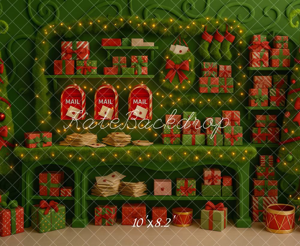 Kate Christmas Green Elf Workshop Presents Trees Mailboxes Backdrop Designed by Ashley Paul