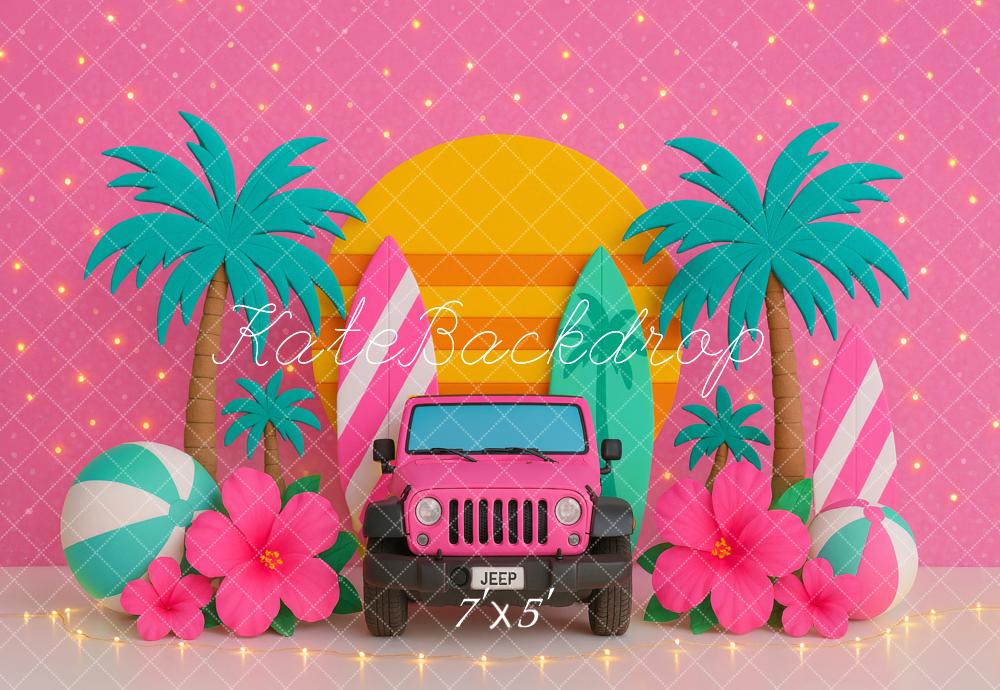 Kate Summer Tropical Jeep Palm Trees Pink Backdrop Designed by Ashley Paul