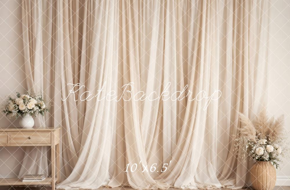 Kate Boho Beige Curtains Table Floral Arrangements Printed Backdrop Designed by Vertigo Productions