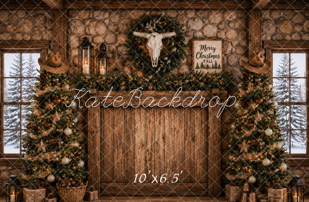 Kate Christmas Headboard Western Cow Skull Christmas Trees Stone Wall Printed Backdrop Designed by Ashley Paul