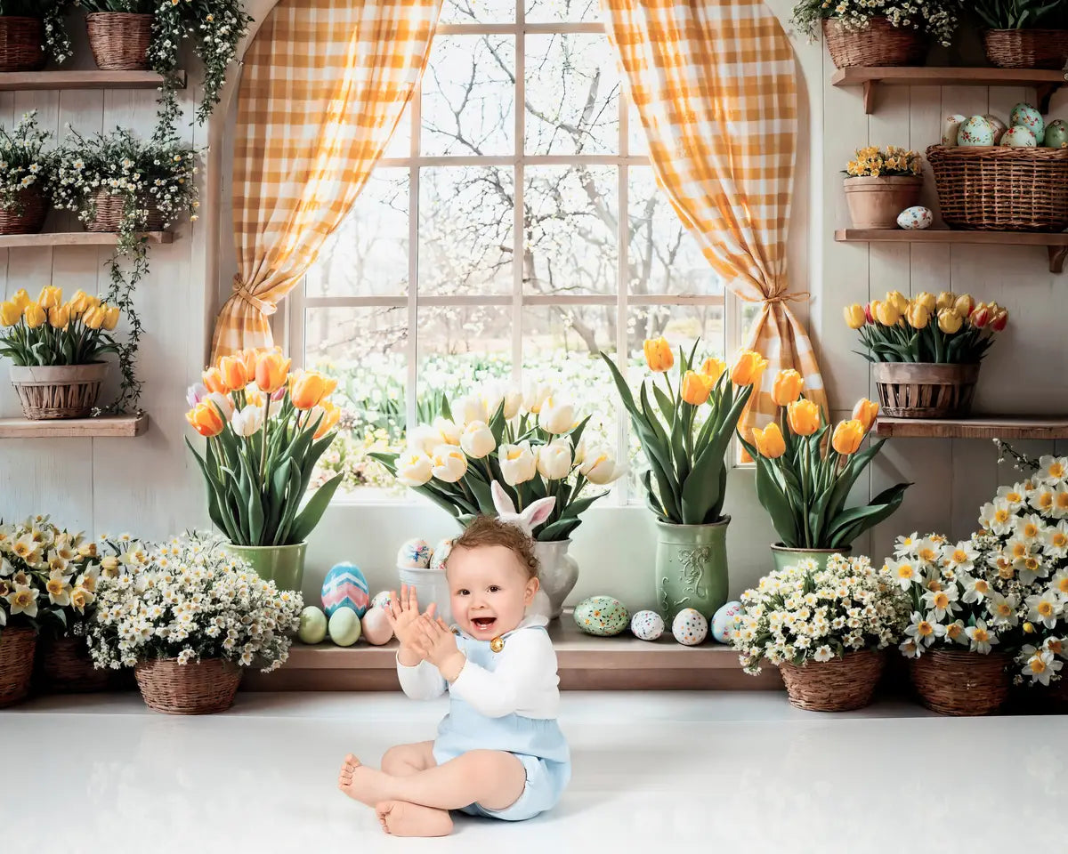 Kate Easter Bunny Floral Window Curtain Backdrop Designed by Emetselch