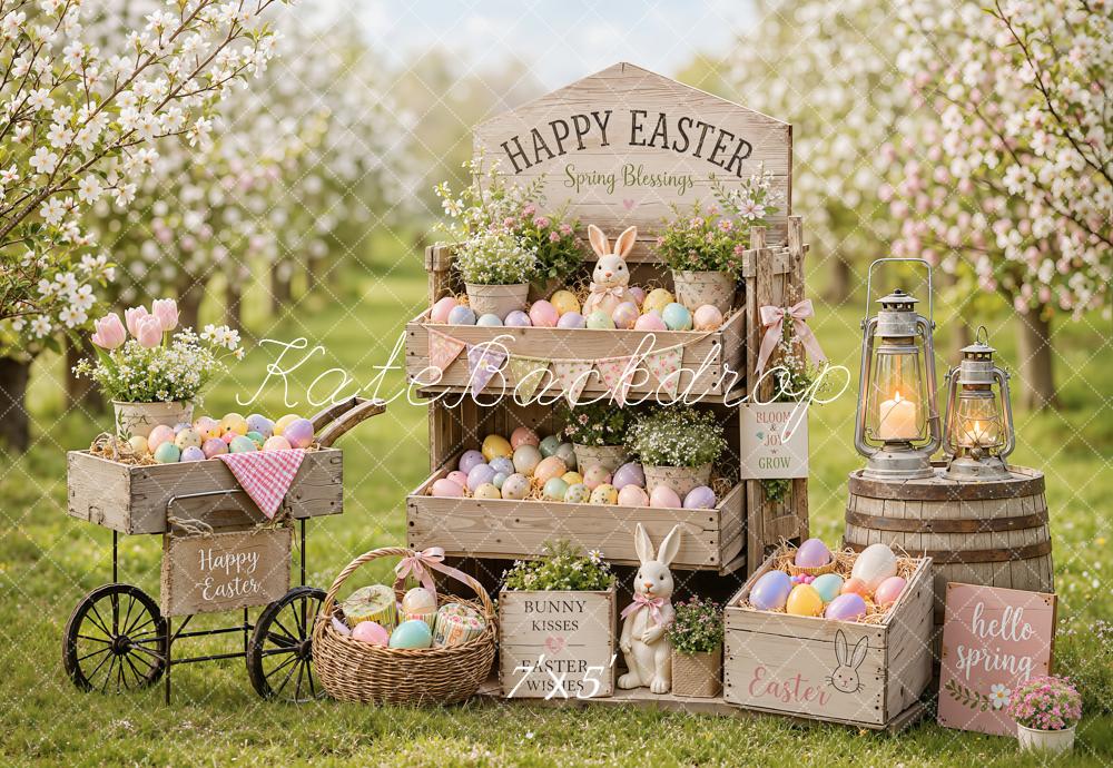 Kate Easter Spring Egg Flower Cart Bunny Cherry Blossoms Printed Backdrop Designed by Emetselch