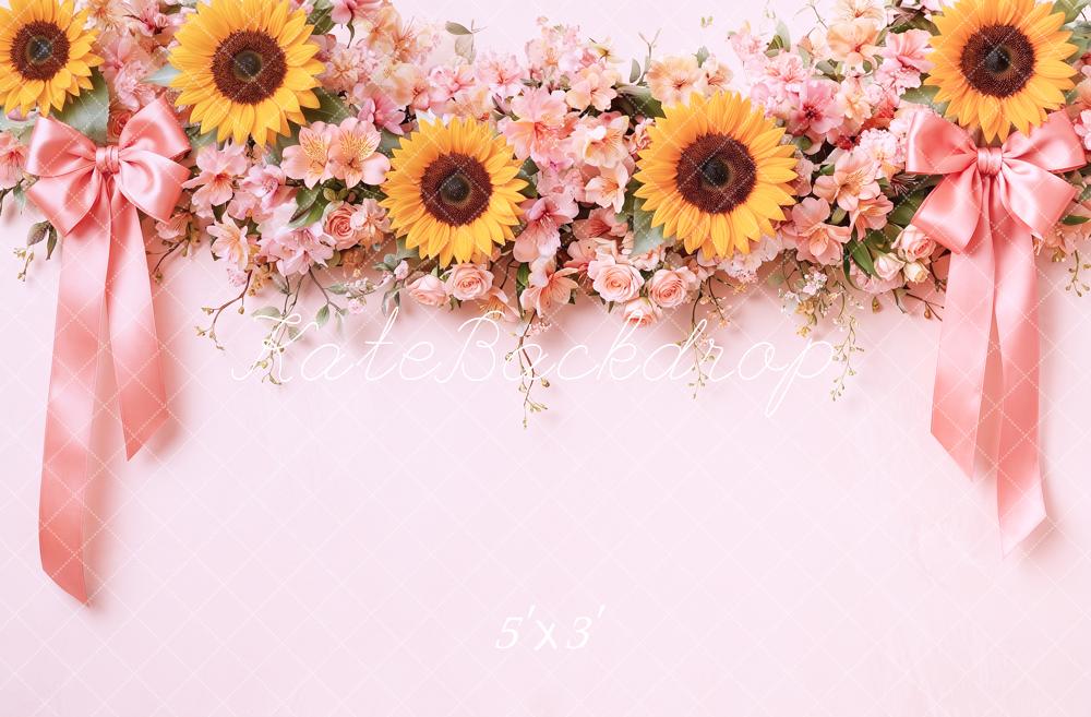 Kate Fall Flower Arch Sunflowers Pink Bows Ribbon Printed Backdrop Designed by Angela Miller