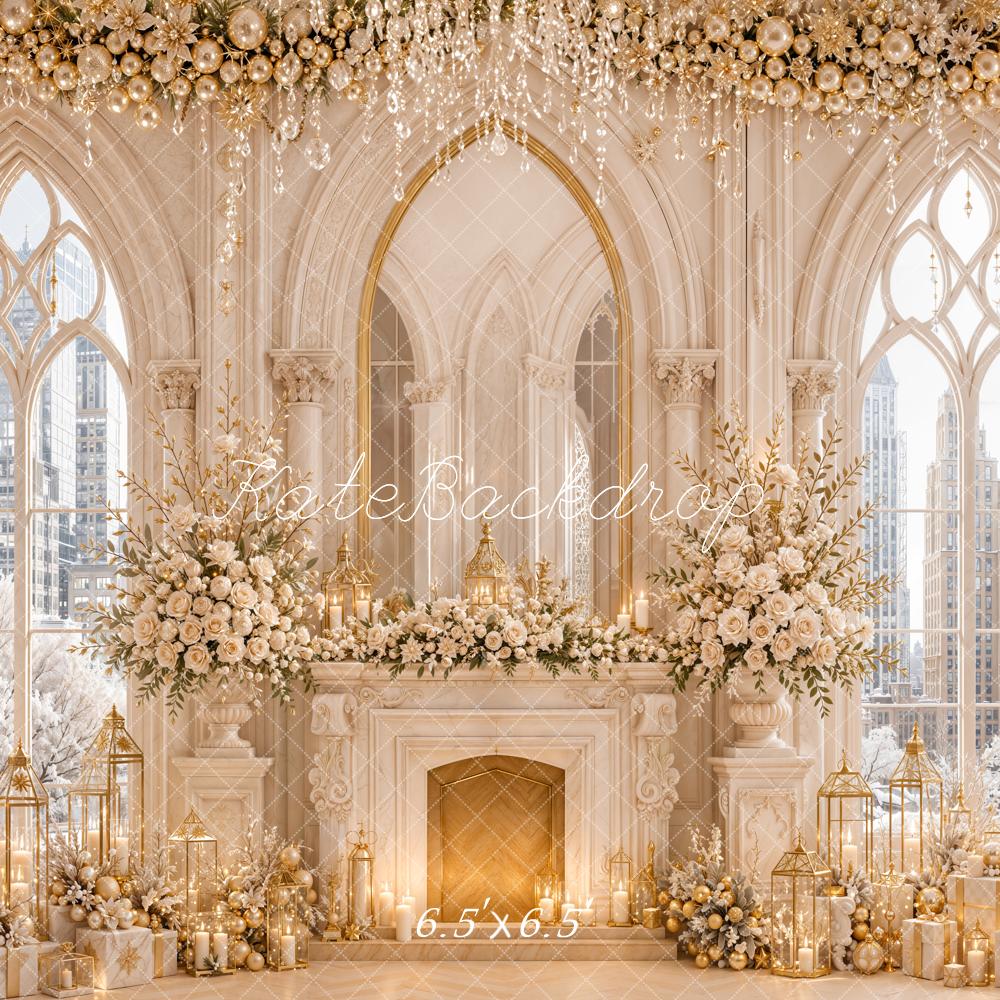 Kate Christmas Luxury White Floral Fireplace Windows City View Printed Backdrop Designed by Emetselch