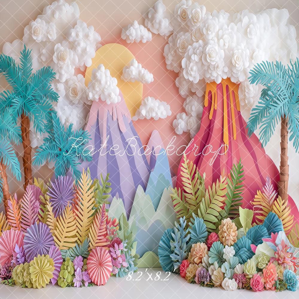 Kate Summer Volcano Palm Trees Mountains Clouds Colorful Floral Printed Backdrop Designed by Angela Miller