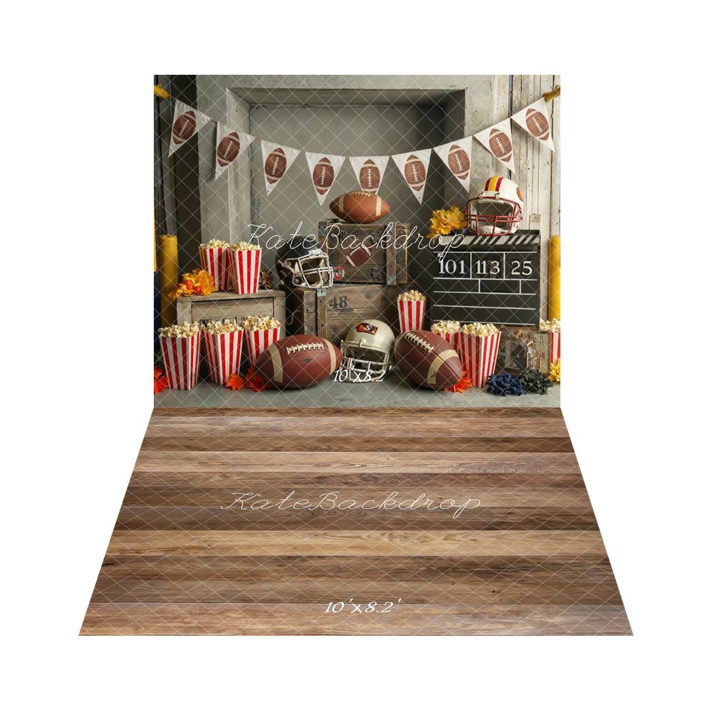 Kate Sports Football Helmets Popcorn Scoreboard Crates Fall Backdrop+Brown Wood Plank Floor Backdrop