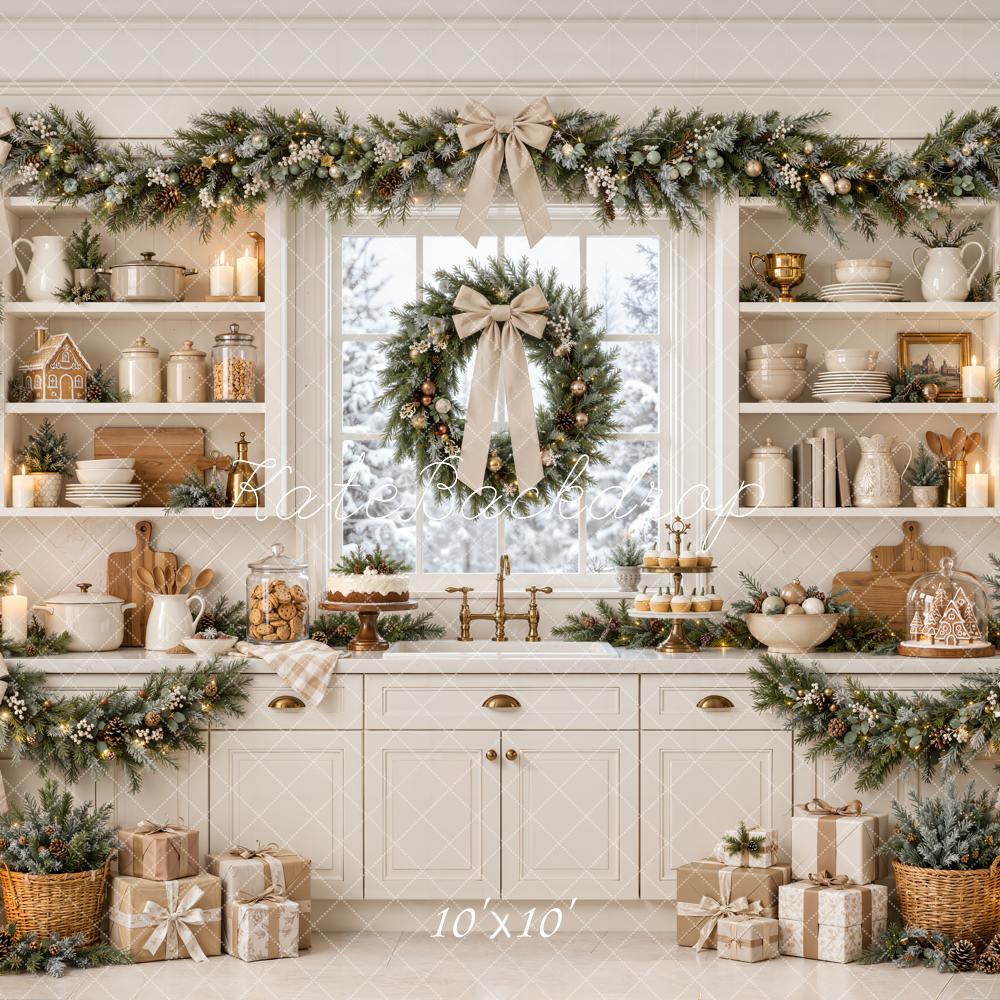 Kate Christmas Kitchen Cream Garland Bows Window Printed Backdrop Designed by Emetselch