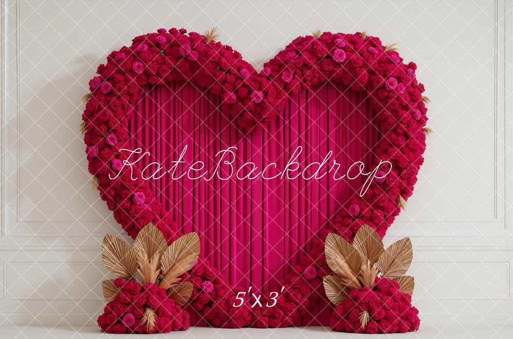 Kate Valentines Heart Flower Arch Pink Roses Gold Leaves Printed Backdrop Designed by Mini MakeBelieve