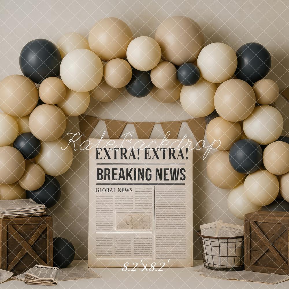 Kate Cake Smash Newspaper Balloon Arch Printed Backdrop Designed by Mini MakeBelieve